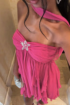Strapless Neck Scarf Tie Starfish Brooch Tiered Ruffle Fruit Print Mini Dress