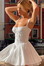 Off Shoulder Sweetheart Lace Up Bustier Lace Trim Mini Dress