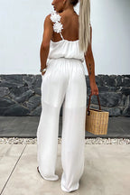 V Neck Backless Waisted Wide Leg Floral Cami Jumpsuit