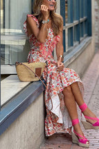 Ruffle Trim Sleeveless Floral Print Maxi Dress