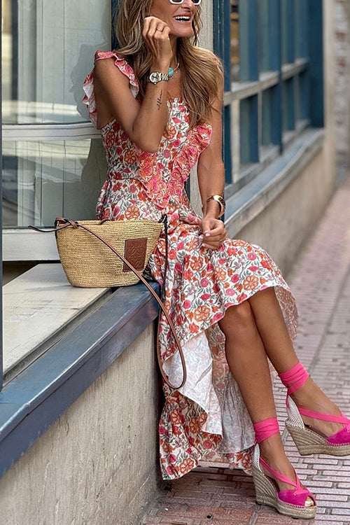 Ruffle Trim Sleeveless Floral Print Maxi Dress