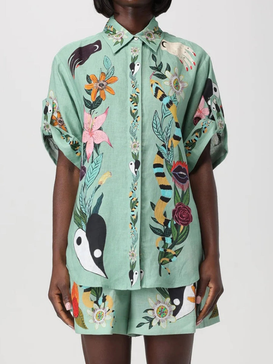 Printed Vacation Long-sleeved Shirt Shorts Set 2-piece Sets