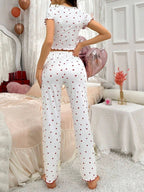 Heart-print Bow V-neck Short-sleeved Trousers Set That Can Be Worn As Loungewear