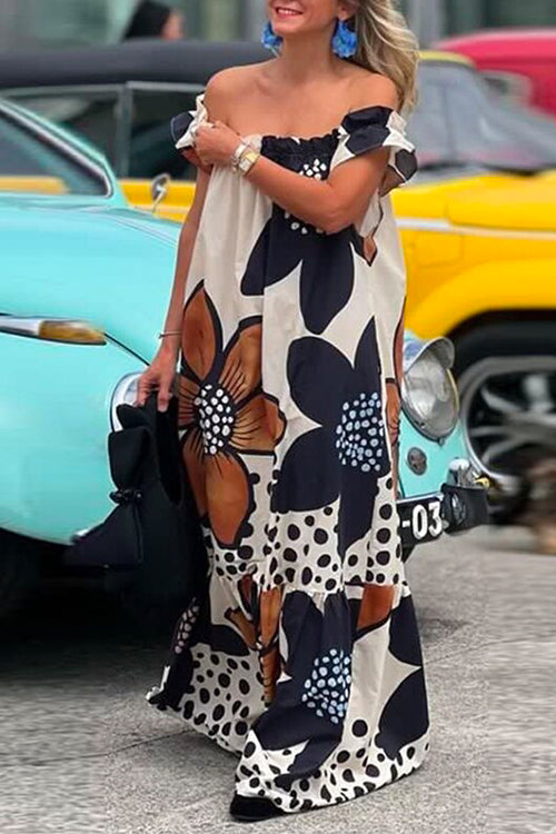 Off Shoulder Floral Printed Ruffle Maxi Holiday Dress