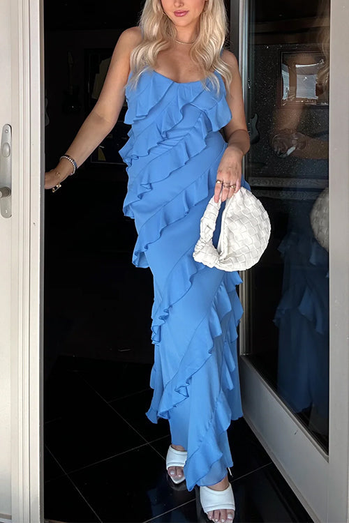V Neck Side Slit Frills Maxi Cami Dress
