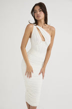 One Shoulder Cut Out Corset Bodice Ruched Gathered Mesh Midi Dress