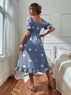 Square Collar Polka Dots Short Sleeve Ruffle Vacation And Leisure Maxi Dresses