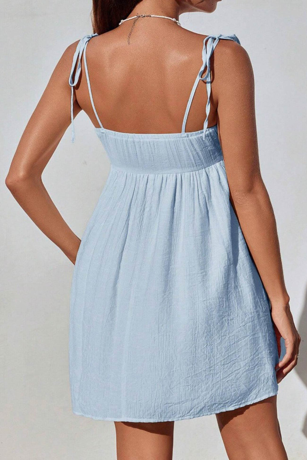 Tie Shoulder Sweetheart Gathered Bust Knot Detail Empire Waist Babydoll Mini Dress