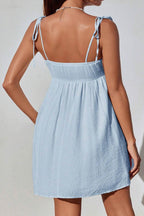 Tie Shoulder Sweetheart Gathered Bust Knot Detail Empire Waist Babydoll Mini Dress