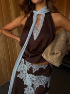 Asymmetrical Spliced Lace Color Matching Jacket Skirts Set 2-piece Sets