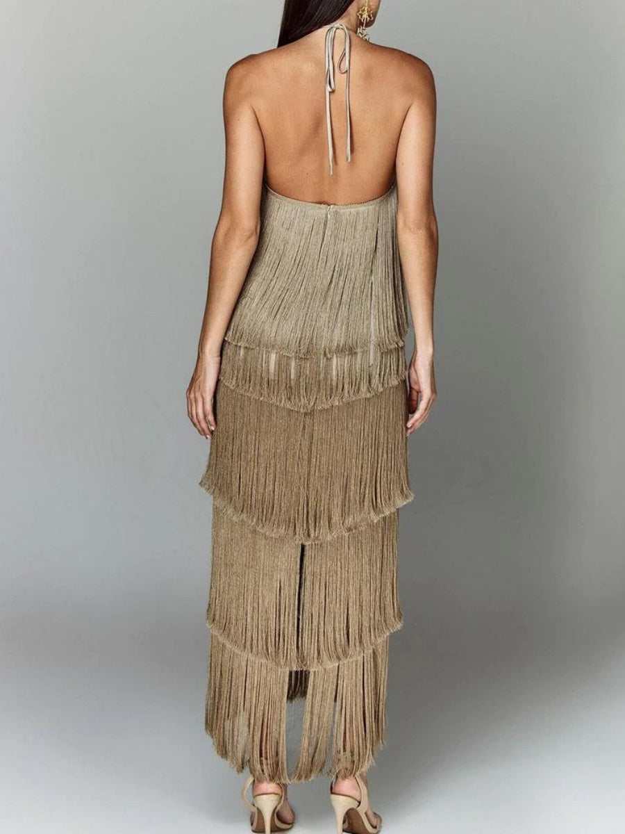 Halter Tassel Backless Cross Maxi Dresses
