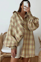 Plaid Oversized Balloon Sleeve Button Front Shirt Mini Dress
