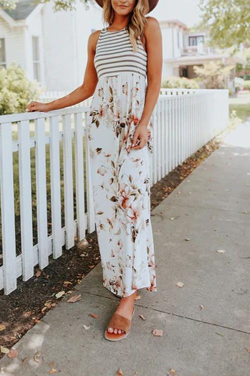 Sleeveless Stripes Splice Floral Maxi Dress