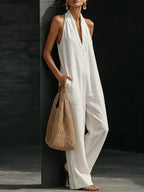 Simple Solid Color V-neck Sleeveless Jumpsuit