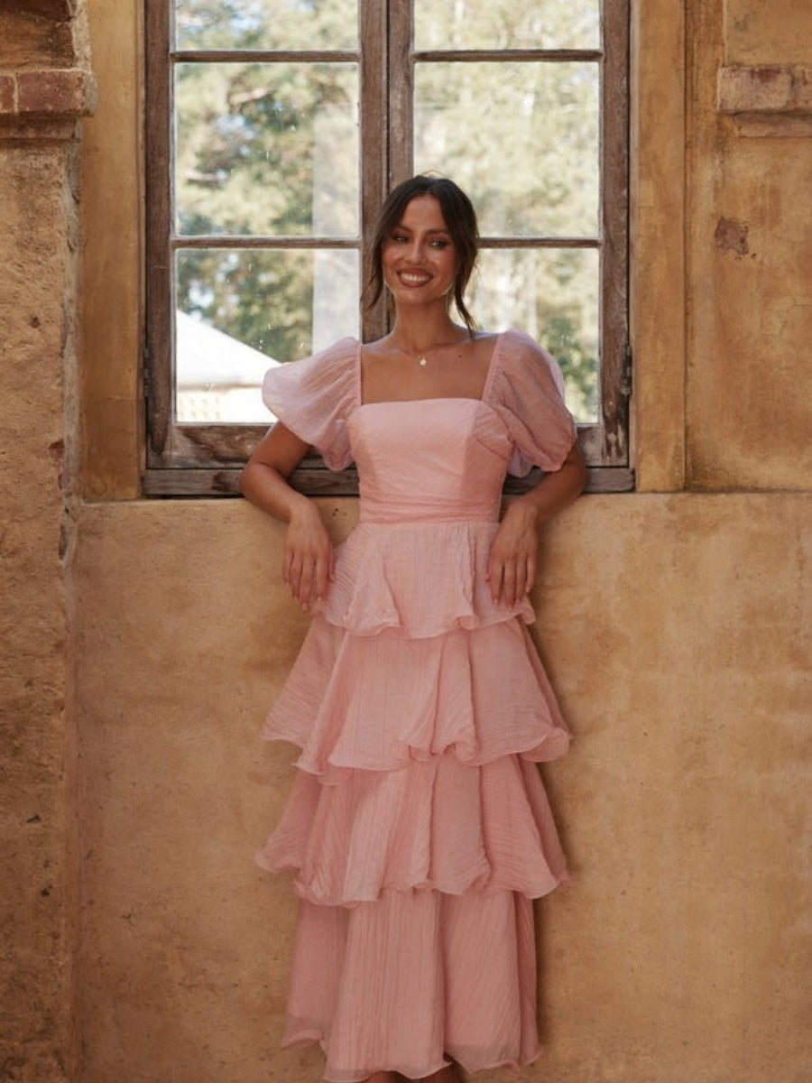 Square Collar Puff Sleeve Cake Skirt Vacation Parties Maxi Dresses