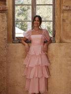 Square Collar Puff Sleeve Cake Skirt Vacation Parties Maxi Dresses