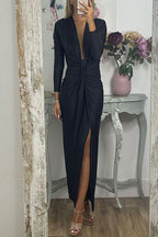 Deep V Neck Ruched Slit Maxi Bodycon Dress