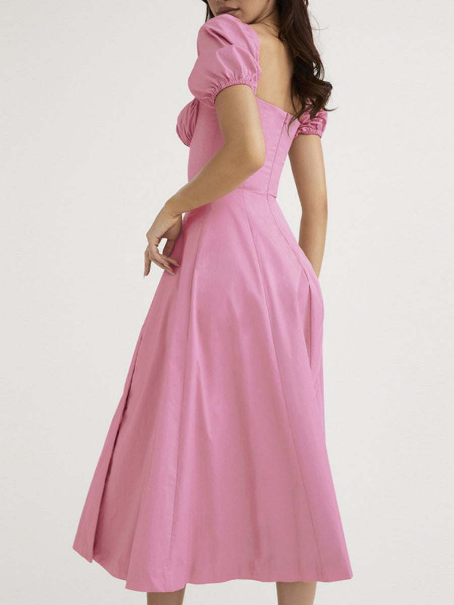 Square Collar Bandage Puff Sleeve Slit Midi Dresses
