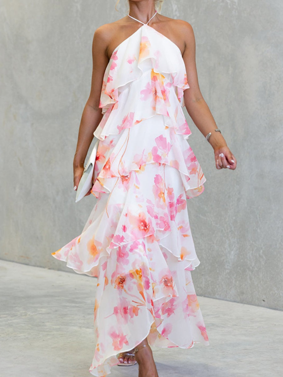 Chiffon Multi-story Halter Printed Vacation Maxi Dresses