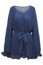 Pleated Deep V-Neck Button Front Tie Waist Lantern Sleeve Mini Dress