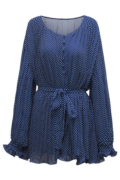 Pleated Deep V-Neck Button Front Tie Waist Lantern Sleeve Mini Dress