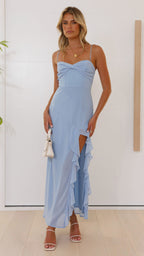 Spaghetti Strap Twist Front Ruched Bust Ruffle Trim High Slit Maxi Dress