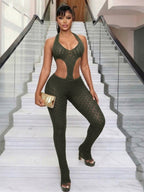 Hollowed-out Perspective Slimming Knitting Deep V Jumpsuits