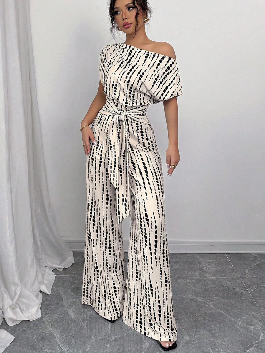 One-shoulder Tie-up Jumpsuit With Wide Legs