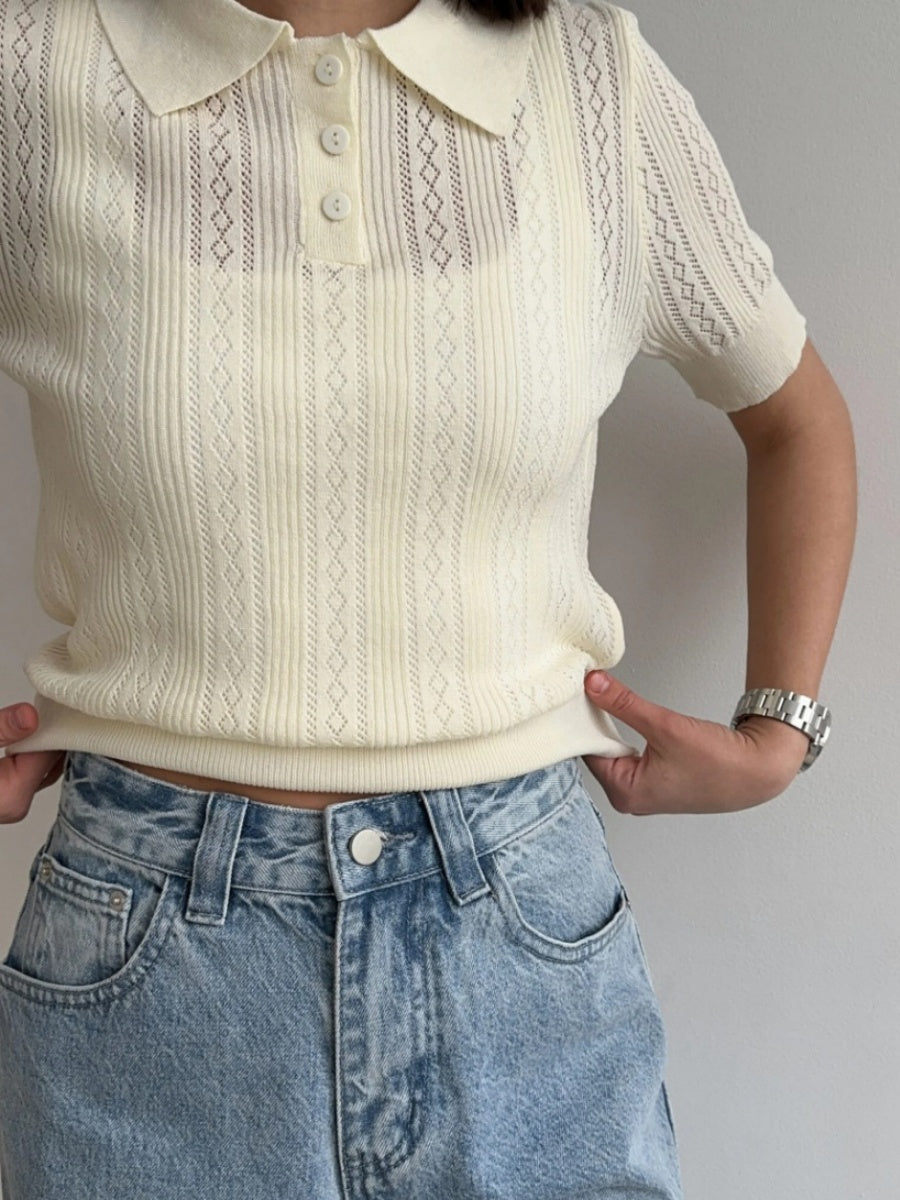 Hollow Crochet Lapel Short Sleeve Knitwear T-shirts