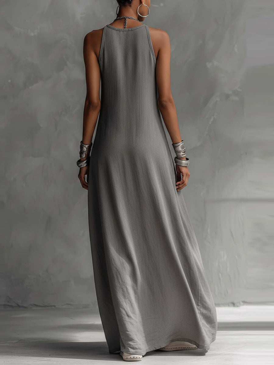 Sleeveless Loose-fit Pocket Color-blocked Leisure Off-shoulder Maxi Dresses