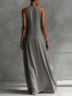 Sleeveless Loose-fit Pocket Color-blocked Leisure Off-shoulder Maxi Dresses