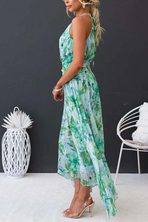 V Neck Waisted Cut Out Floral Pleated Maxi Dress