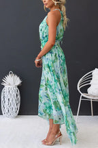 V Neck Waisted Cut Out Floral Pleated Maxi Dress