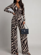Zebra Print V-neck Long Sleeve Wide-leg Pants Jumpsuits