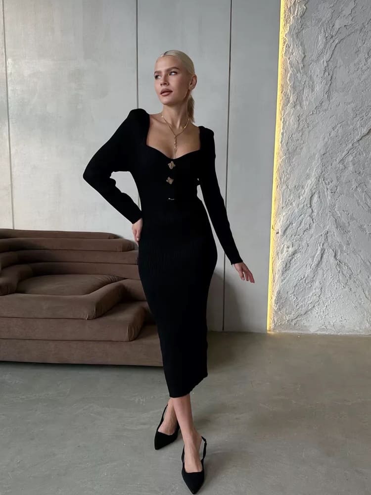 Rib Knit Sweetheart Neck Long Sleeve Gem Button Bodycon Midi Dress