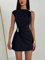 Metal Buckle Pleated Slim-fit Hip-hugging Mini&Short Dresses