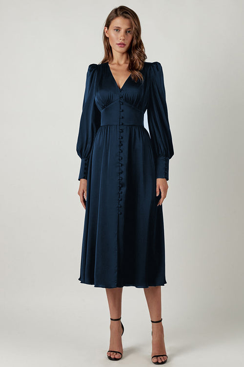 Deep V-Neck Bishop Sleeve Button Front Smocked Waist Midi Dress