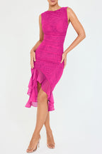 Crew Neck Ruched Mesh Bodycon High Slit Tiered Ruffle Hem Midi Dress
