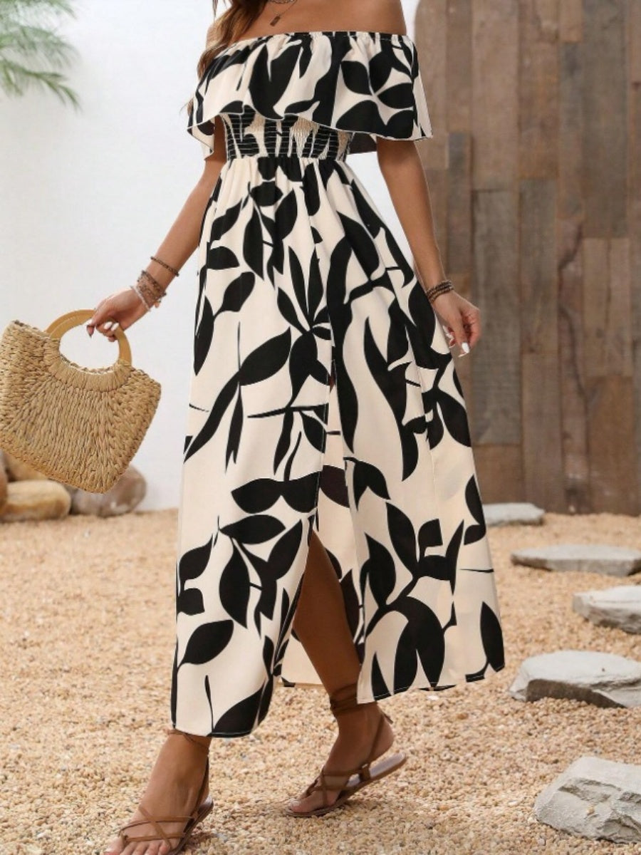 Ruffled Leaf Print Off-Shoulder Long Dress