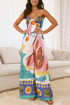 Knot Front Cut Out Pocketed Wide Leg Printed Cami Jumpsuit