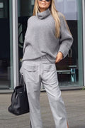 Turtleneck Drop Shoulder Loose Fit Ribbed Knit Sweater