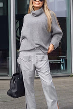 Turtleneck Drop Shoulder Loose Fit Ribbed Knit Sweater
