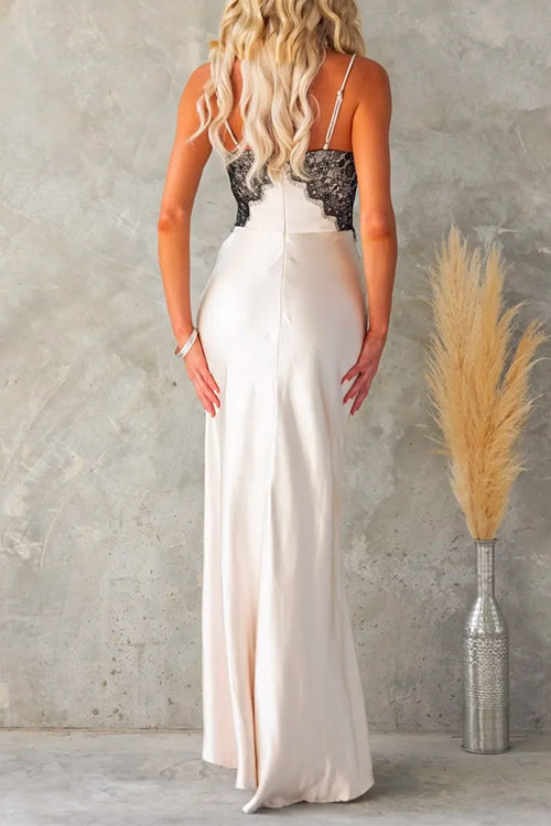 V Neck Adjustable Strap Lace Splice Maxi Party Dress