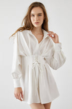 Pointed Collar Puff Sleeve Lace-Up Corset Waist Shirt Mini Dress