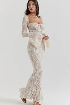 Square Sweetheart Tie Front Floral Lace Long Bell Sleeve Paneled Maxi Dress