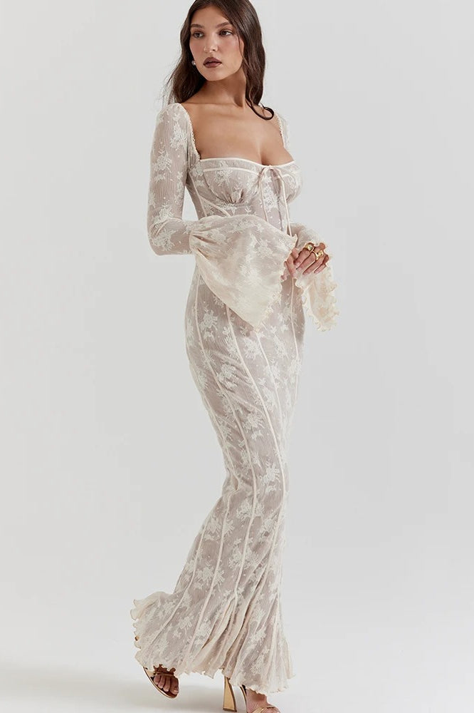 Square Sweetheart Tie Front Floral Lace Long Bell Sleeve Paneled Maxi Dress