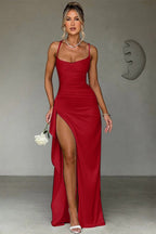 Satin Spaghetti Strap Ruched Drape High Split Bodycon Maxi Mini Dress