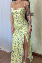 Floral Corset Sweetheart Lace Trim Spaghetti Strap High Split Midi Dress