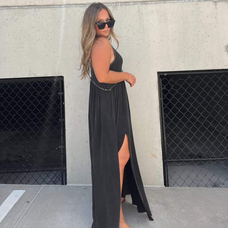 Crew Neck Tiered Seam Double Front Slit Sleeveless Maxi Dress