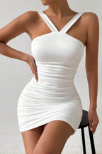 Cross Halter Neck Ruched Bodycon Mini Dress